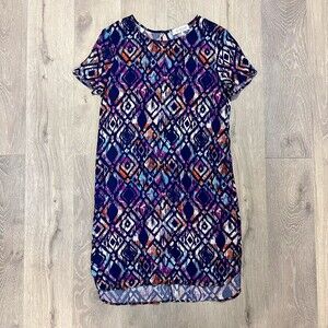 WAYF Purple Patterned High Low Short Sleeve Shift Dress Large